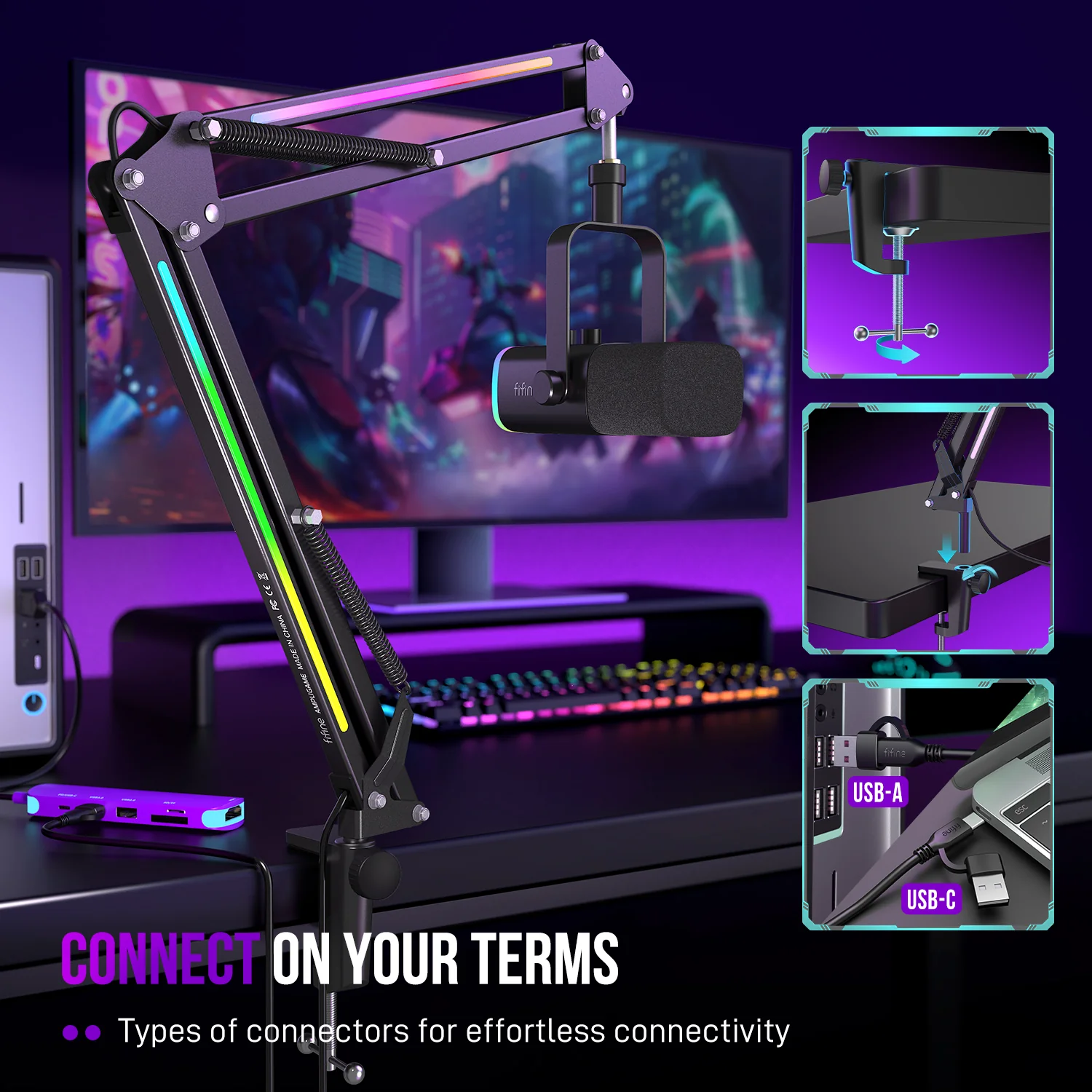 FIFINE AmpliGame BM38 RGB Microphone Boom Arm Stand - Image 4